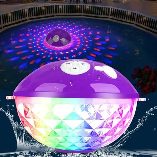 Produktbild: KingSom Bluetooth Lautsprecher Pool,Bluetooth Lautsprecher mit Farblicht,Musikbox Tragbarer Bluetooth Box IPX7 Wasserdichter Lautsprecher, Kristallklare Freisprechen,Schwimmender Lautsprecher für Pool