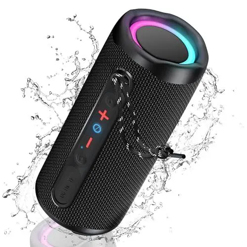 Produktbild: KingSom Bluetooth Lautsprecher mit Licht, Musikbox Tragbarer Bluetooth 5.3 Box mit Verstärkter Bass,Wasserdicht Musikbox Bluetooth mit 24h Akku,Tragbarer Bluetooth Lautsprecher für Draußen, Reisen