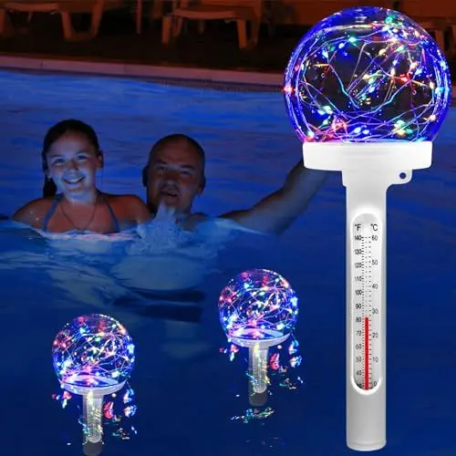 Produktbild: KingSom Pool Thermometer Schwimmend,LED-Farbiges Solar Pool Thermometer Schwimmend,PoolThermometer Leicht Ablesbar bei Nacht,Himmelslicht Wasser Temperatur Thermometer,Whirlpool Thermometer