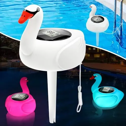 Produktbild: KingSom Pool Thermometer Schwimmend,Solar Pool Thermometer Digital mit Farbwechselndes Schwanenlicht,Wasser Temperatur mit Großem LCD-Bildschirm und String