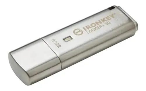 Produktbild: Kingston IronKey Locker+ 50 USB Stick XTS-AES-Verschlüsselung für Datenschutz mit automatischer USBtoCloud Sicherung-IKLP50/32GB