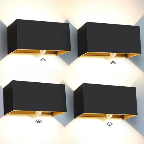 Produktbild: Kingwen 4 Stücke 20W LED Wandleuchte Innen/Aussen mit Bewegungsmelder 3000K LED Wandlampen Schwarz Aussenleuchte mit Bewegungsmelder Rechteckig Verstellbar Abstrahlwinkel Wandleuchten IP65