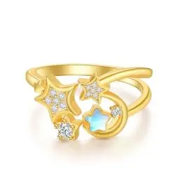 Produktbild: KINGWHYTE Mondstein Ring 925 Sterling Silber Mond Stern Ring Edelstein Daumen Ringe Verstellbare Finger Ring für Frauen Goldschmuck Geburtstagsgeschenke für Damen Mama Mädchen