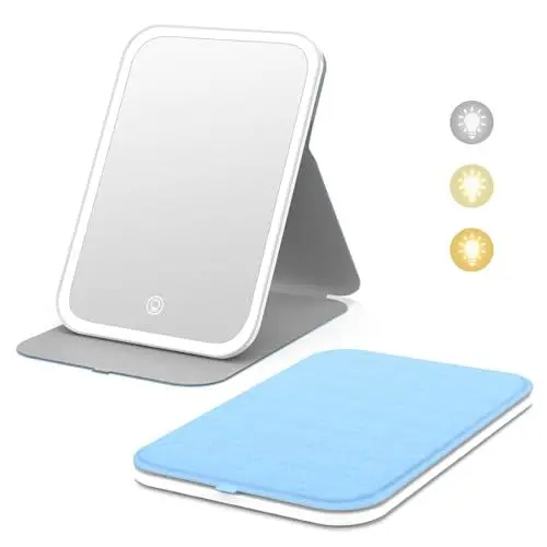 Produktbild: Kintion Reise-Make-up-Spiegel, Tragbarer LED-beleuchteter Make-up-Spiegel, Um 360° drehbarer Touchscreen-Kosmetikspiegel, 3-farbig dimmbare Beleuchtung, Wiederaufladbarer Tisch-Kosmetikspiegel, Blau