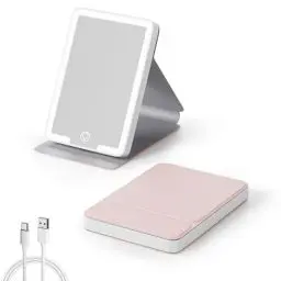 Produktbild: Kintion Reisespiegel mit Licht, Tragbarer LED-Schminkspiegel, Wiederaufladbarer Klappspiegel, Kosmetikspiegel mit Touchscreen, 3 Farbmodi, Kleiner Handtaschenspiegel für Frauen Geschenk, Rosa