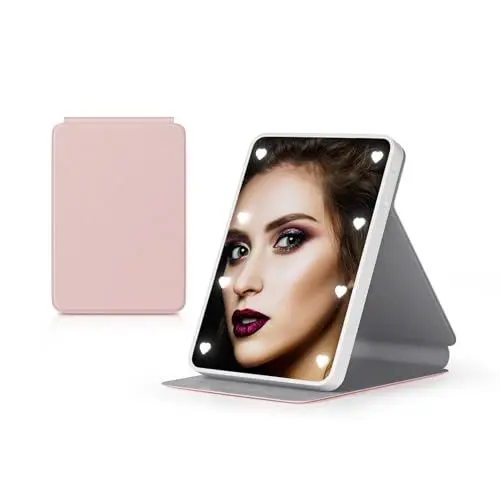 Produktbild: Kintion Taschenspiegel, Batteriebetriebener Kompaktspiegel, Tragbarer Kleiner LED-Spiegel, Reisespiegel mit Licht, Zusammenklappbar, Handspiegel, Handtaschenspiegel als Geschenk für Frauen, Rosa