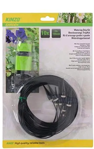 Produktbild: Kinzo Bewässerungssystem mit 10 Wassertröpfchen - Selbstbewässerung Pflanzen - Bewässerungssystem 155 cm - Reduziert übermäßige Gartenpflege - Kunststoff - Schwarz