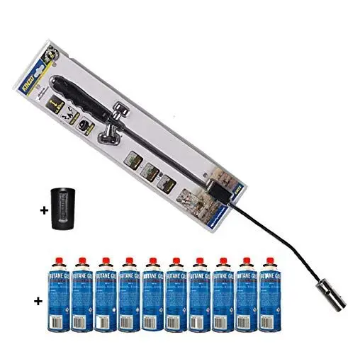 Produktbild: Kinzo K0318 Unkrautbrenner Unkrautvernichter 80cm, inkl 10 Butangaskartuschen je 227g, Gasbrenner mit Piezozündung, Abflammgerät max 1000 °C, Brenner Flamme regulierbar,ideal als Grillanzünder, Shisha