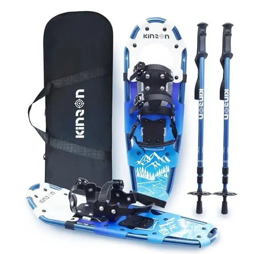 Produktbild: KinZon 3-in-1-Schneeschuhe, leicht und robust, mit Trekkingstöcken und Tragetasche, Fersenerhöhung, perfekt zum Wandern (Blau, 63,5 cm (für 54-86 kg))