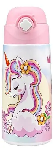 Produktbild: Kioko Trinkflasche Kinder Edelstahl Strohhalm - Thermosflasche 500ml - TÜV geprüft - BPA frei - Auslaufsicher - Thermo Wasserflasche für Schule, Kindergarten (Einhorn)