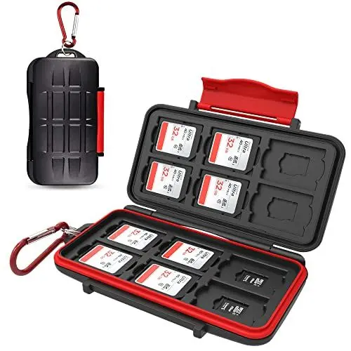 Produktbild: Kiorafoto 24 Slots SD Karten Aufbewahrung für 12 SD SDXC SDHC Karten + 12 Micro SD SDXC SDHC Karten, Wasserdichtes Schutzetui für Speicherkarten Aufbewahrung mit Karabiner, Kompakt und Tragbar