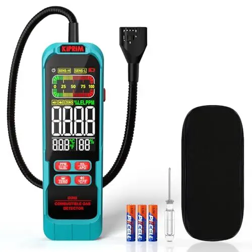 Produktbild: Kiprim Gasmelder Mit Verlängertem 40cm Schwanenhals, PPM Oder%LEL Echtzeit-Gaskonzentrationsanzeige, Tragbarer Erdgasprüfer Mit Akustischem Und Visuellem Alarm Für Zuhause Und Wohnmobil GD02