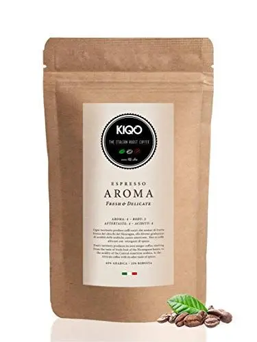 Produktbild: KIQO AROMA 1kg Kaffeebohnen aus Italien - milder Premium Espresso - medium roast - für Kaffeevollautomaten oder Siebträger - 65% Arabica & 35% Robusta Bohnen (1000g - ganze Bohnen)