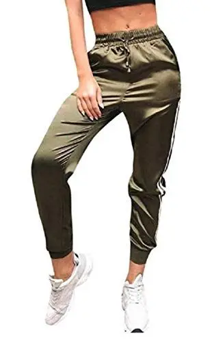 Produktbild: KIRALOVE Sportliche Trainingshose für Damen - elegant - lässig - Fitness - joggen - Sport - Trainingsanzug - Kordelzug - Taschen - Satin - transparenzen - militärgrün - größe XL - Fitness Jogging