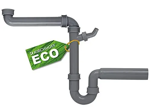 Produktbild: KIRCHHOFF ECO-SAVE Raumspar Siphon Küchenspüle, Abfluss für Spüle Küche aus recyceltem Kunststoff, Ablaufgarnitur mit Anschluss für Waschmaschine oder Geschirrspüler 98833649, Grau