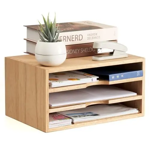 Produktbild: KIRIGEN Desktop Dokumenten Organizer Halter Ständer Aufbewahrungsbox 3 Fächer Schreibtisch Organizer Tray Rack Magazin Aktenteiler Halter Natur