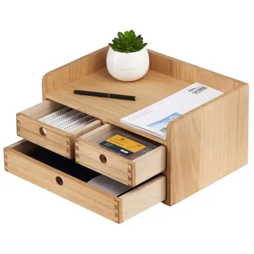 Produktbild: KIRIGEN Holz-Schreibtisch-Organizer mit 3 Schubladen und 1 Einlegeboden Heimarbeitsplatz Bürobedarf Holzaufbewahrungsbox Regal Etui halten Makeup Box Natur
