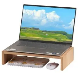 Produktbild: KIRIGEN Holz Monitorständer – Desktop Organizer für PC/Laptop/TV/Drucker | Büro-Aufsatz mit Stauraum Länge 39 Zentimeter natürliche Farbe