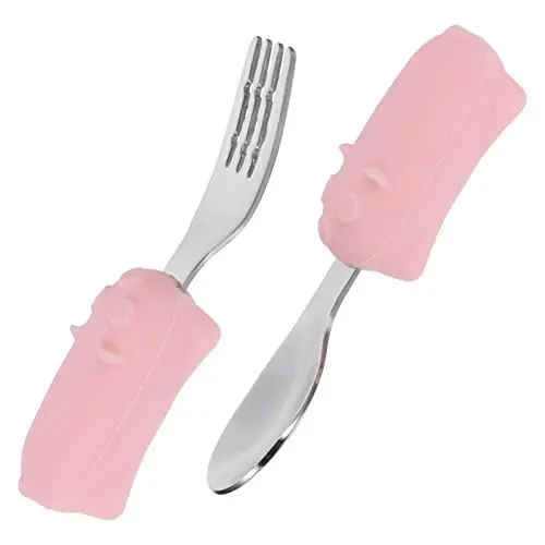 Produktbild: Kisangel 1satz Geschirr Mit Kurzen Silikonlöffel Und Für Kleinkinder Ergonomisches Trainingstableware Für Selbstständiges Für Mädchen Und Kleinkinder Rosa