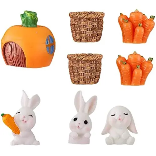 Produktbild: Kisangel 8stücke Teiliges Miniatur Kaninchen Figur Ostern Deko Mit Karotten Und Körben Tischdekoration Für Garten Schlafzimmer Und Feiern Niedliche Osterfiguren Für Familien