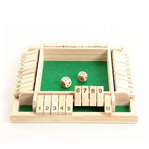 Produktbild: Kisangel Spiel Vier Crokinole-Brett 10 Zahlen Umdrehen Shut-The-Box-Regeln Klassische Tischversion Frösche Für Kinder Schachbrett Holzwürfel Blöcke Eltern-Kind Hölzern Bambus