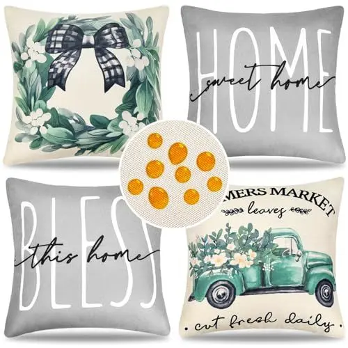 Produktbild: Kissenbezüge Outdoor Frühling Sommer Sofakissen Wasserfest Dekorative Outdoor Kissen Kissenhülle Leinen Blatt Buchstaben Dekokissen für Sofa Schlafzimmer Wohnzimmer Auto Zuhause 50x50cm 4er Set
