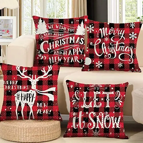Produktbild: Kissenbezug Weihnachten Satz Von 4 - Rot Schwarz Tartan Kissenbezug 45x45 Weihnachten, Leinen Weihnachten Design Weihnachtskissenbezug Für Sofa Wohnzimmer Weihnachtsdeko Innen Christmas Decorations