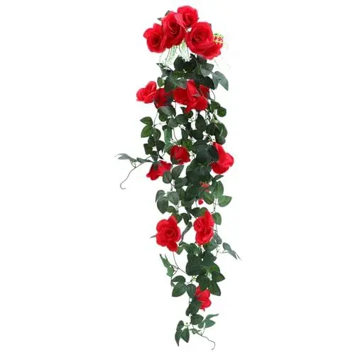 Produktbild: KITANDOVE Rose Wandbehang Rosenblumen Wanddekoration Wandtapete mit Rosenblumen künstliches Grün künstliche Hintergrund Wanddekoration dekorative Girlande Seidenblumenmaterial rot