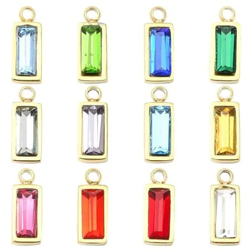 Produktbild: KitBeads 12 rechteckige Zirkonia-Charms, 12 Farben, facettierter Geburtsstein-Charm, Edelstahl, Zirkonia, für Schmuckherstellung, Armbänder, Halsketten, Handwerk, Großpackung, Acryl, Kein Edelstein