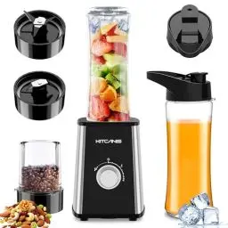 Produktbild: KITCANIS 3-in-1 Mixer Smoothie Maker, 800W Mini Standmixer Blender elektrisch, 3 einstellbare Geschwindigkeiten, 2 x 600 ml Tragbare Flasche und 300 ml Mahlbecher für Ice, Obst, Gemüse, Nüsse