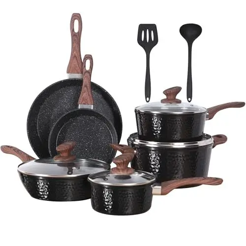 Produktbild: Kitchen Academy Induktionskochgeschirr-Set – 12-teiliges Antihaft-Kochgeschirr-Set, schwarze Granittöpfe und Pfannen Set