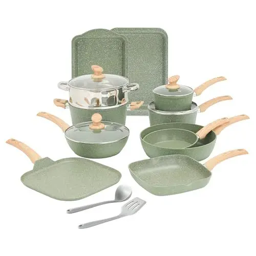 Produktbild: Kitchen Academy Topfset 17-teiliges Induktions-Kochgeschirr-Set mit Glasdeckeln und Granitbeschichtung inkl. Pfannen und Töpfe (grün 17 tlg)