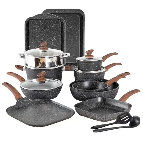 Produktbild: Kitchen Academy Topfset 17-teiliges Induktions-Kochgeschirr-Set mit Glasdeckeln und Granitbeschichtung inkl. Pfannen und Töpfe (schwarz 17 tlg)