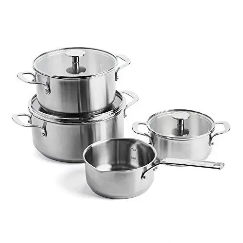Produktbild: KitchenAid 7-teiliges Edelstahl-Kochgeschirr-Set – 3-lagige Antihaftbeschichtung, induktionsgeeignet, ofenfest & spülmaschinenfest – Hochwertige Töpfe & Pfannen in Silber
