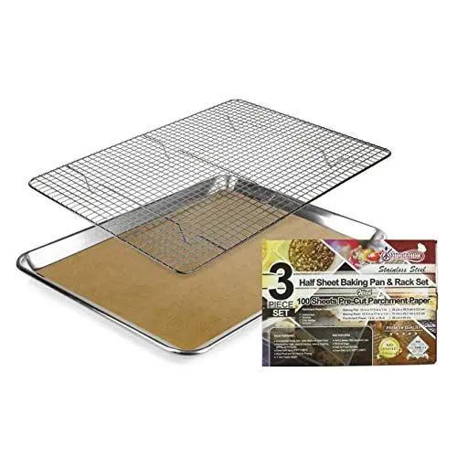 Produktbild: KITCHENATICS Robustes Backblech mit Drahtgitter Set & 100 Stück Pergamentpapier, 1/2 Backblech und Gestell-Set, Keksform mit Kühlgitter, halbe Backblechpfanne und Rost mit Backpapier, 33,3 x 45,5 cm
