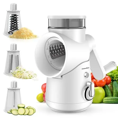 Produktbild: KitchenBoss Gemüseschneider Manuell,Mandoline Gemüsehobel:Käsereibe,Trommelreibe 3 in 1,Geeignet für viele Arten von Gemüse und Obst,Enthält 3 Arten von Klingen aus rostfreiem Stahl,mit Kurbel,Weiß