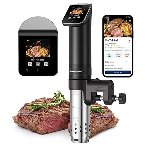Produktbild: KitchenBoss Sous Vide Garer Stick WLAN: G330 Wifi Präzisionskocher Präziser Temperatureinstellung bis 90°C IPX7 Wasserdicht TFT Touch-Display Immersion Tauchzikulator 360° Zirkulation mit Timer