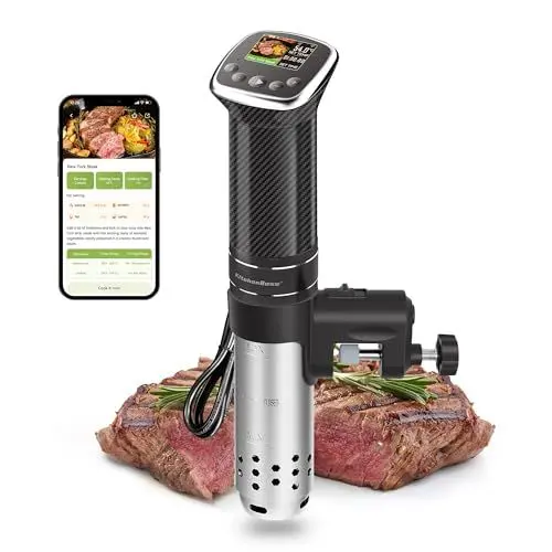 Produktbild: KitchenBoss Sous Vide Stick Garer：WiFi Präzisionskocher App-Steuerung Sous Vide Stab 1100W Zirkulation 40℃-90℃ Temperaturbereich IPX7 Wasserdicht TFT Touch Display Ultra-leise Tauchzirkulator