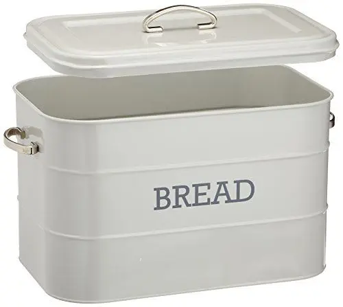 Produktbild: Kitchencraft Living Nostalgia Großer Brotkasten aus Metall, Küchen-Aufbewahrungsbehälter mit Deckel und Griffen, für Brotlaibe, Baguettes, Mehl, Selbstgebackenes Brot 34 x 21,5 x 25 cm – French Grey