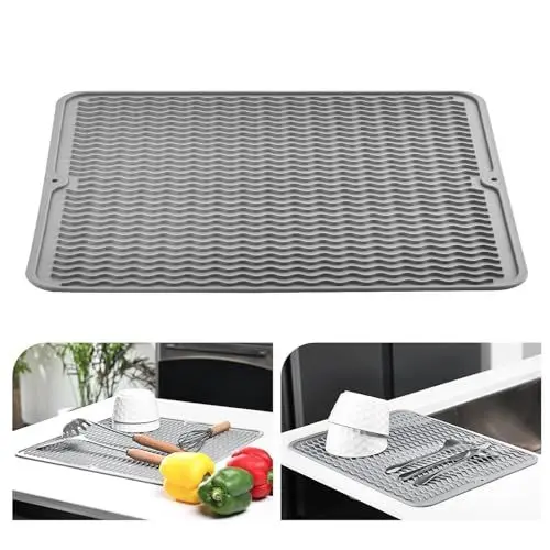 Produktbild: KitchenRaku Abtropfmatte , Geschirr aus Silikon hitzebeständiges rutschfestes Abtropfmatte Spüle,Spülmatte Abtropfunterlage,Tischset (Hellgrau, 40x45cm)
