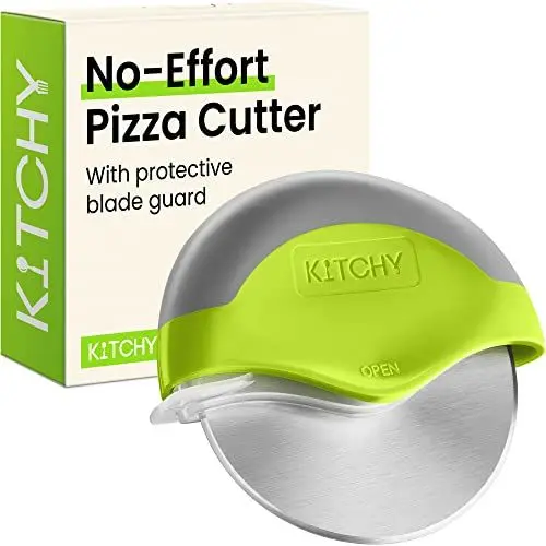 Produktbild: KITCHY Pizzaschneiderad - Pizzaschneider mit Klingenschutz und ergonomischem Griff - superscharf und spülmaschinenfest Pizzaroller (grün)