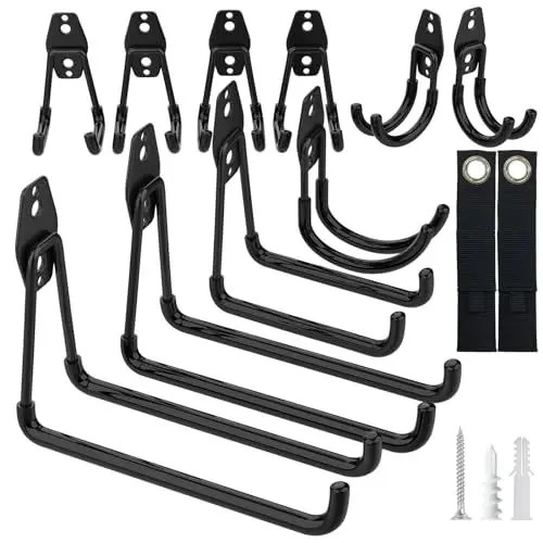 Produktbild: Kitmiido 12er Set Wandhaken für Garage | Schwerlast Doppelhaken | Platzsparende Aufbewahrung für Werkzeuge, Fahrräder, Sportausrüstung (Schwarz)
