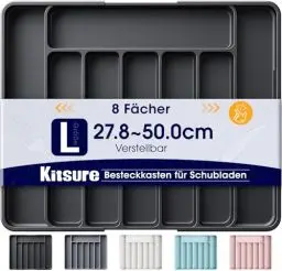 Produktbild: Kitsure Schubladen-Besteckkasten – verstellbarer Schubladeneinsatz aus BPA-freiem Material, Mehrzweck-Schubladen-Organizer, Küchen-Organizer, groß, schwarz, 34.90 x 28.40 x 4.00 cm