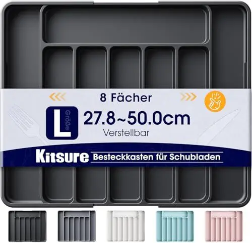 Produktbild: Kitsure Schubladen-Besteckkasten – verstellbarer Schubladeneinsatz aus BPA-freiem Material, Mehrzweck-Schubladen-Organizer, Küchen-Organizer, groß, schwarz, 34.90 x 28.40 x 4.00 cm
