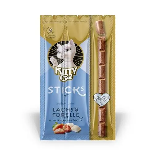 Produktbild: KITTY Cat Sticks Lachs & Forelle, 24 x 15 g (Großpackung), softe Leckerlis für Katzen, getreidefreier Snack mit hohem Fleischanteil und Taurin, 3 Sticks à 5 g pro Packung
