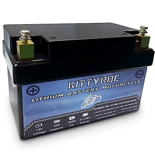 Produktbild: KITTYROC 12V Lithium Motorrad Batterie 4Ah 300A, Square Terminal LiFePO4 Batterie mit Smart BMS, Ersatz ATV, UTV, Motorrad, Rasenmäher, Jet Ski, Schneemobil, 4 Wheeler, Traktor, Roller