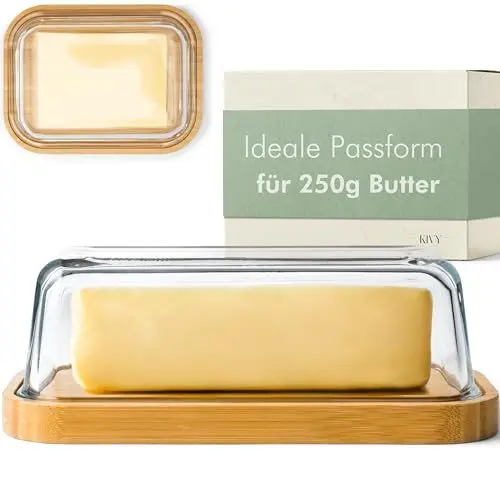 Produktbild: KIVY Butterdose Glas mit luftdichtem Deckel für streichzarte Butter - BPA Frei - Butterdosen - Butter dish - Butterschale mit Deckel - Butterdose mit Deckel - Butter Box Dose - Butterbox Bambus Holz