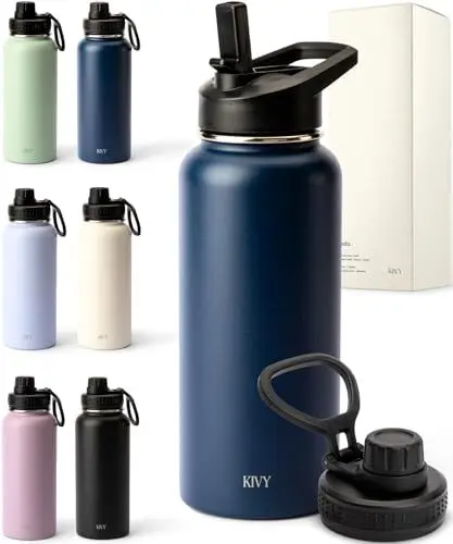 Produktbild: KIVY Edelstahl Trinkflasche mit Strohhalm 1l inkl. 2 Deckel - Getränke 24h Kalt | 18 Heiß - Sport Trinkflasche 1 liter - Thermosflasche mit Strohhalm - Water bottle with straw - Gym Bottle