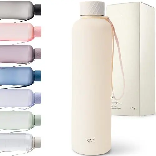 Produktbild: KIVY Tritan Trinkflasche 1l Kohlensäure geeignet & auslaufsicher - Wasserflasche 1l - Wasser Flasche 1l - Aesthetic Trinkflasche Beige Spülmaschinenfest - Trinkflasche Schule, Gym, Uni, Sport, Büro