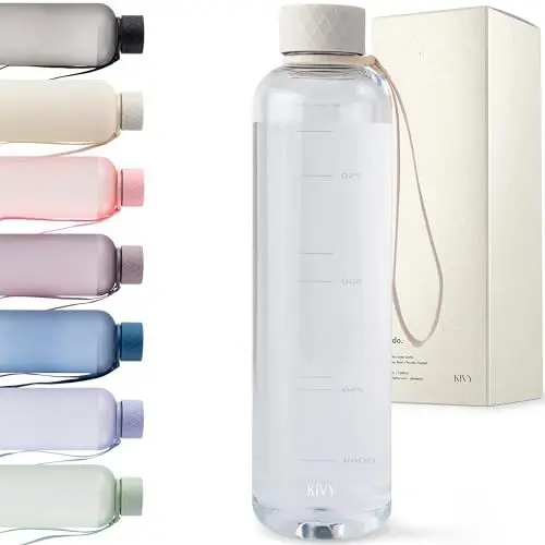 Produktbild: KIVY Tritan Trinkflasche 1l Kohlensäure geeignet & auslaufsicher - Wasserflasche 1l - Wasser Flasche 1l - Aesthetic Trinkflasche durchsichtig - Wasserflasche Beige - Trinkflasche Spülmaschinenfest